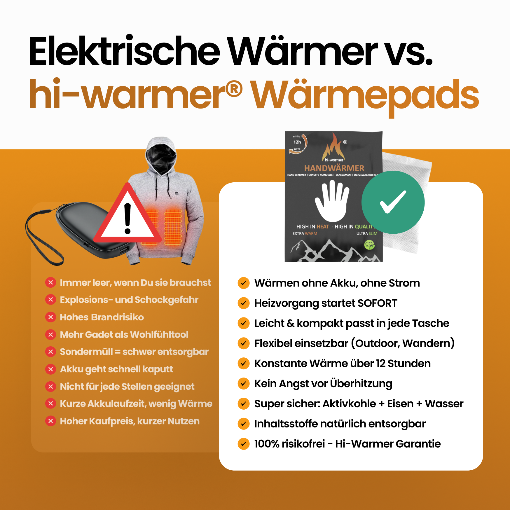 Vergleich: elektrische Wärmer vs. hi-warmer® Wärmepads – sichere Sofortwärme ohne Akku, leicht & kompakt, konstante Wärme bis zu 12 Std.